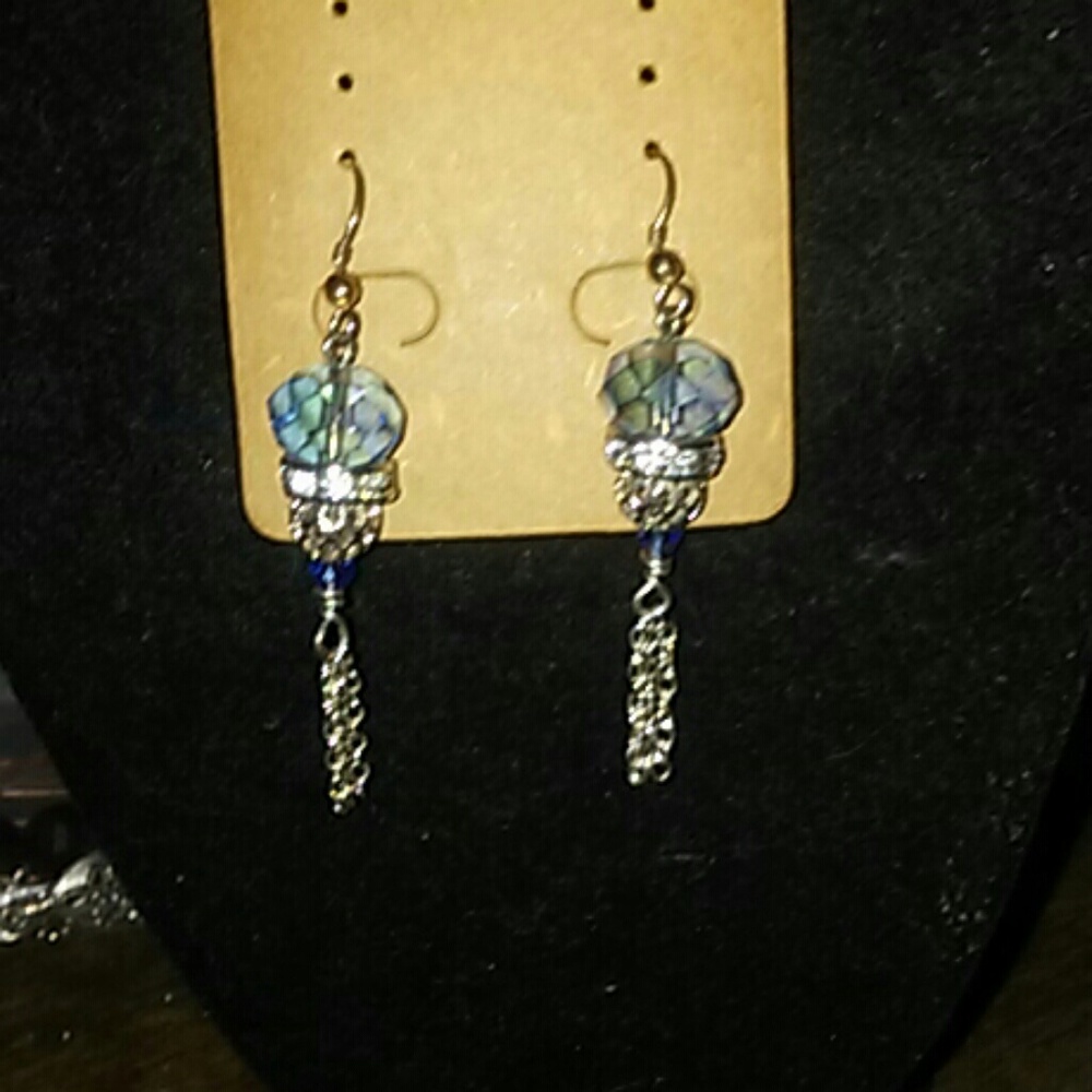 2inch crystal blue opalescent real silver earrings